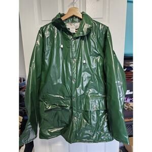 Duck Bay Raincoat PVC Rain Jacket Mens Medium Hooded Insulated Plaid Lined Green